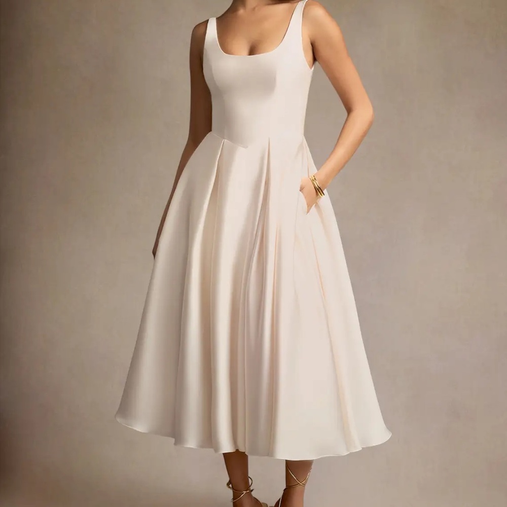 Azazie Olivia Cream Pleated Midi Dress
